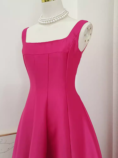 Cute A line Straps Hot Pink Vacation Dress Satin Women Summer Dresses SD130