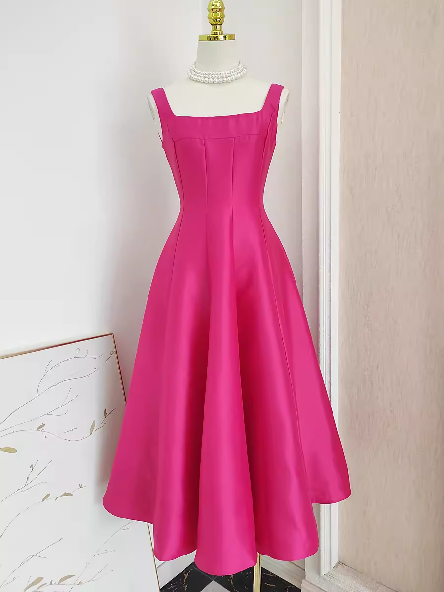 Cute A line Straps Hot Pink Vacation Dress Satin Women Summer Dresses SD130