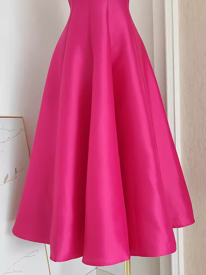 Cute A line Straps Hot Pink Vacation Dress Satin Women Summer Dresses SD130