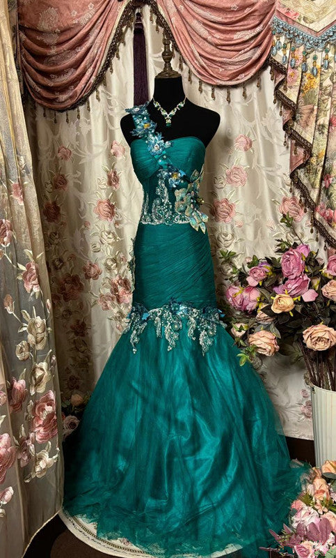 Retro Mermaid One Shoulder Green Lace Prom Dresses Long Party Dress SD1310