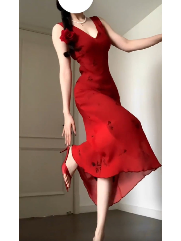 Vintage Sheath V Neckline Red Holiday Dress Birthday Dresses Birthday Outfits SD1310