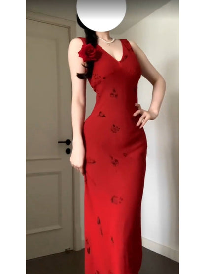 Vintage Sheath V Neckline Red Holiday Dress Birthday Dresses Birthday Outfits SD1310