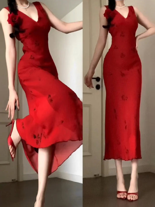 Vintage Sheath V Neckline Red Holiday Dress Birthday Dresses Birthday Outfits SD1310