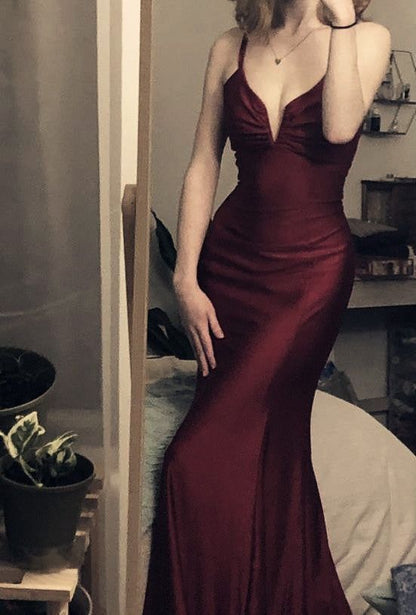 Spaghetti Straps Mermaid Burgundy Backless Satin Long Prom Dresses SD1311