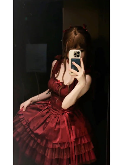 Chic French Ball Gown Spaghetti Straps Holiday Dress Burgundy Birthday Dresses Birthday Outfits SD1312