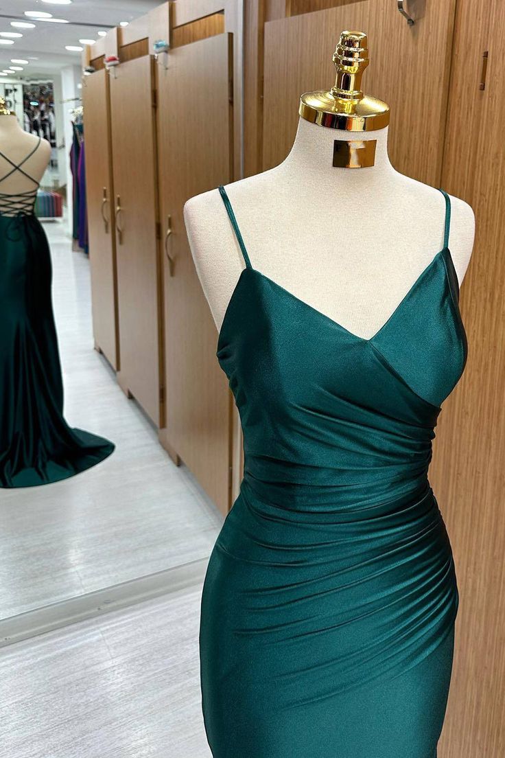 Simple Dark Green Mermaid Satin Long Prom Dresses SD1313