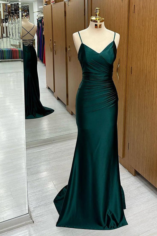 Simple Dark Green Mermaid Satin Long Prom Dresses SD1313