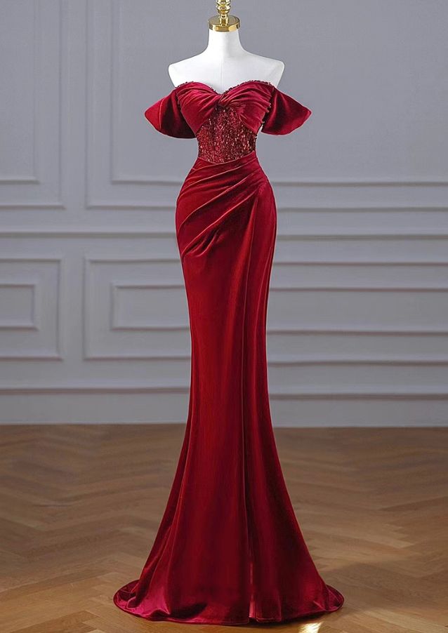 Sexy Mermaid Off The Shoulder Red Velvet Prom Dresses Long Party Dress SD1314