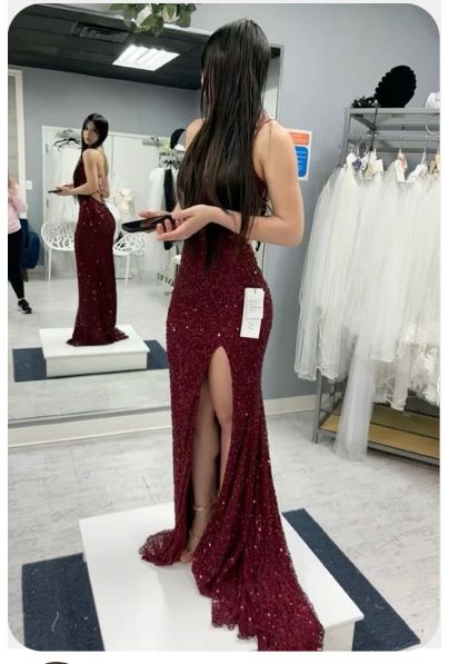 Sexy Mermaid Spaghetti Straps Burgundy Sequin Prom Dresses Party Dress SD1316