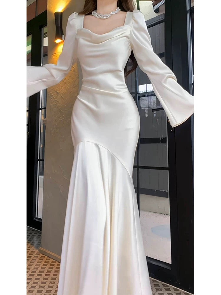 Sexy Mermaid Long Sleeves Ankle Length White Prom Dresses Party Dress SD1318