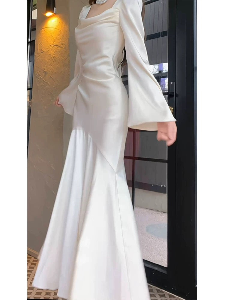 Sexy Mermaid Long Sleeves Ankle Length White Prom Dresses Party Dress SD1318