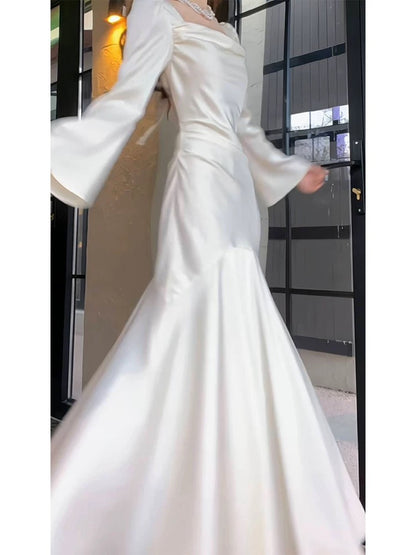 Sexy Mermaid Long Sleeves Ankle Length White Prom Dresses Party Dress SD1318