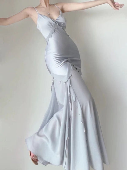 Retro Mermaid Straps Satin Silver Long Prom Dresses Party Dress SD1320