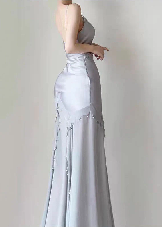 Retro Mermaid Straps Satin Silver Long Prom Dresses Party Dress SD1320