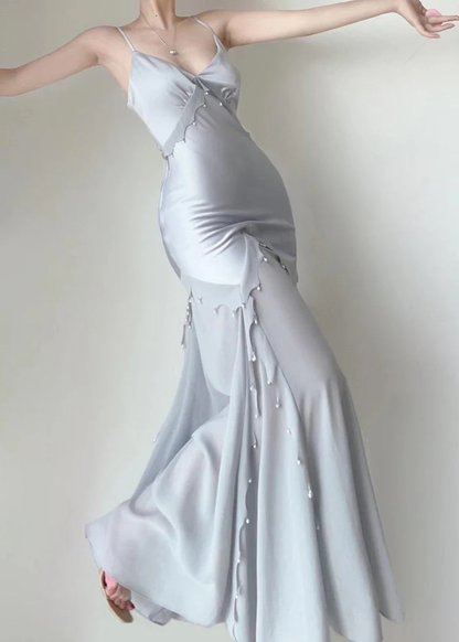 Retro Mermaid Straps Satin Silver Long Prom Dresses Party Dress SD1320