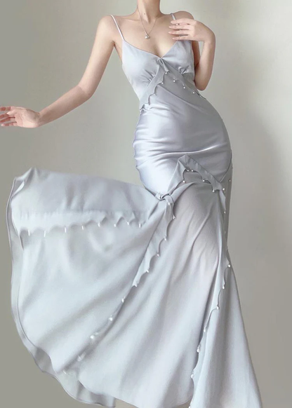 Retro Mermaid Straps Satin Silver Long Prom Dresses Party Dress SD1320