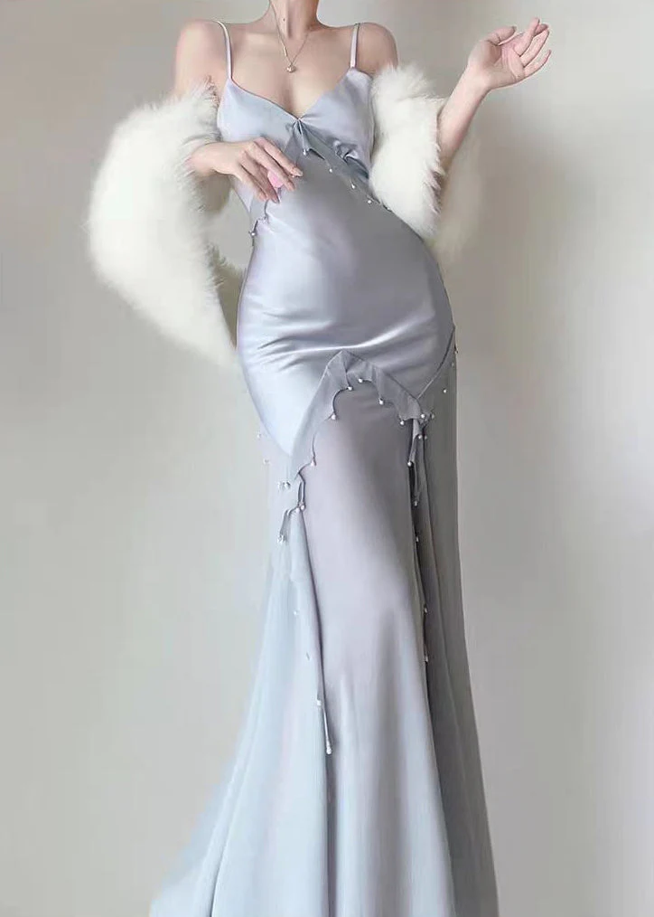 Retro Mermaid Straps Satin Silver Long Prom Dresses Party Dress SD1320