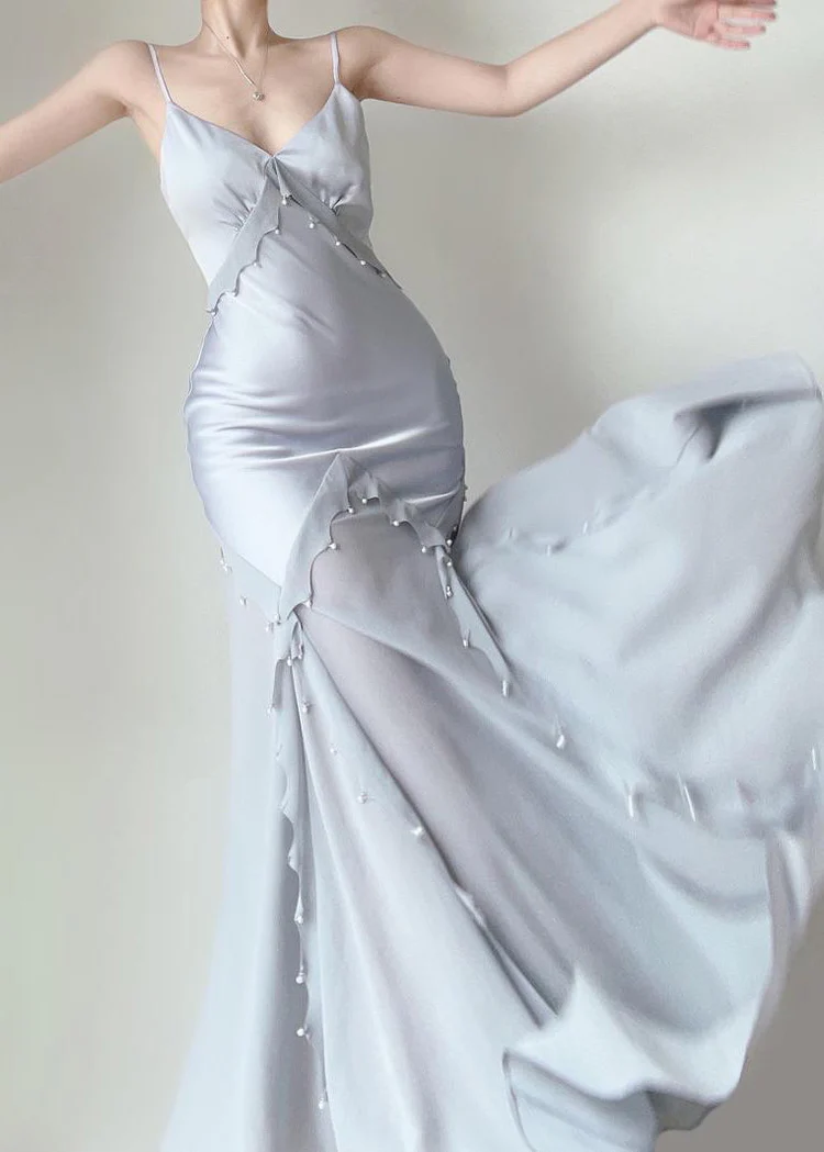 Retro Mermaid Straps Satin Silver Long Prom Dresses Party Dress SD1320