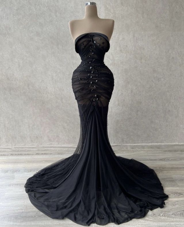 Classy Mermaid Strapless Black Chiffon Long Prom Dresses Party Dress SD1322