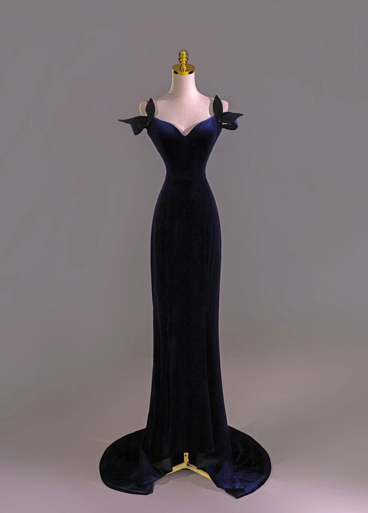 Classy Mermaid Straps Navy Blue Velvet Long Prom Dresses Party Dress SD1323