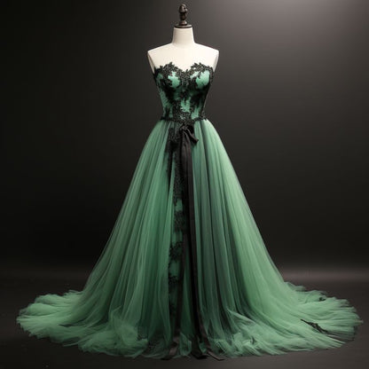 Green Tulle and Black Lace Edge Applique Full Length Lace Up Back Evening Dress Birthday Prom Dresses SD1325