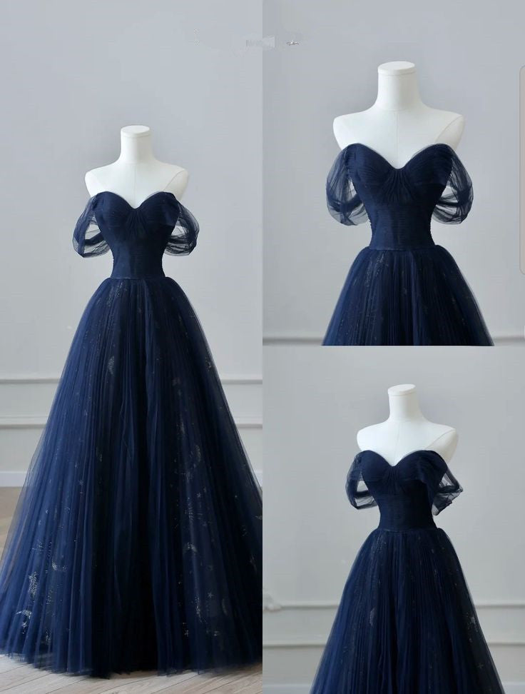 Pretty Ball Gown Off The Shoulder Navy Blue Tulle Long Prom Dresses Party Dress SD1326