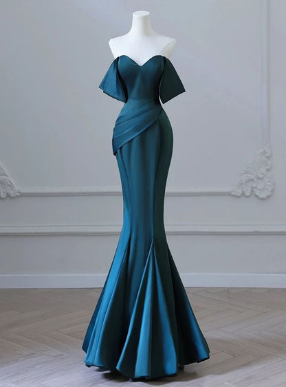 Sexy Mermaid Green Satin Off the Shoulder Pleats Prom Dress Prom Dresses SD1327