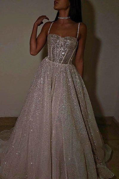 Sexy A Line Spaghetti Straps Sequin Silver Long Prom Dresses Party Dress SD1331