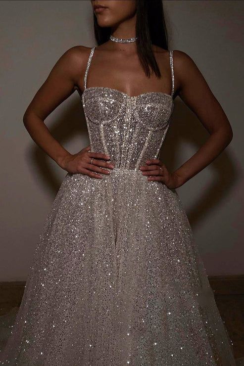 Sexy A Line Spaghetti Straps Sequin Silver Long Prom Dresses Party Dress SD1331