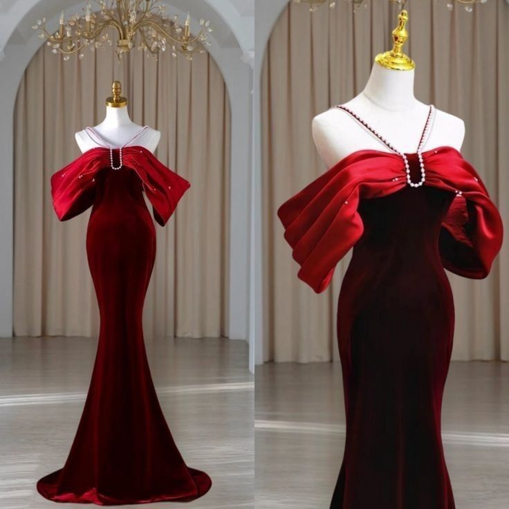 Pretty Mermaid Off The Shoulder Burgundy Velvet Long Prom Dresses Party Dress SD1335