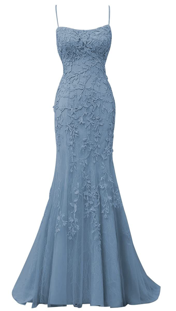 Pretty Mermaid Spaghetti Straps Blue Lace Backless Long Prom Dresses Party Dress SD1337