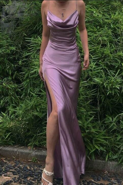 Mermaid Silk Satin Long Evening Party Dress Prom Dresses with High Slit SD1342