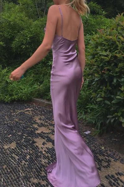 Mermaid Silk Satin Long Evening Party Dress Prom Dresses with High Slit SD1342