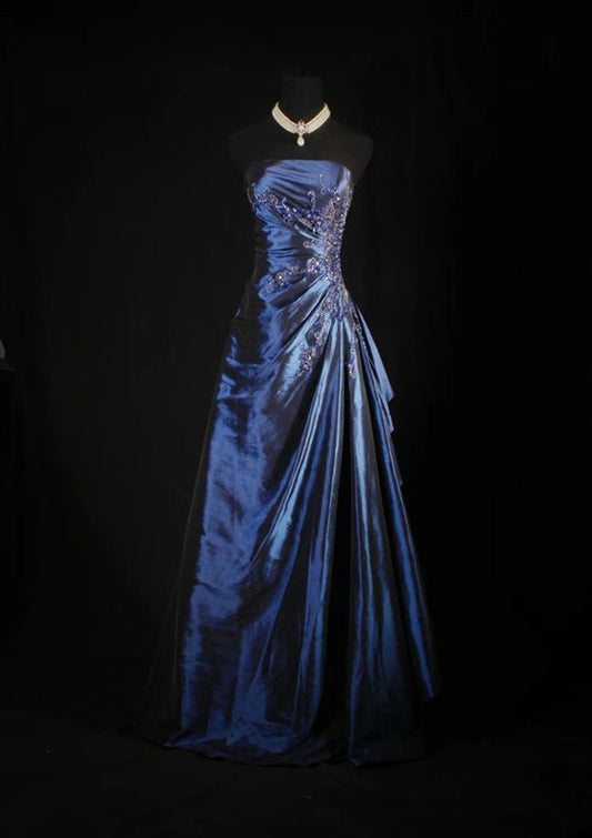 Vintage Ball Gown Strapless Navy Blue Satin Long Prom Dresses Party Dress SD1343