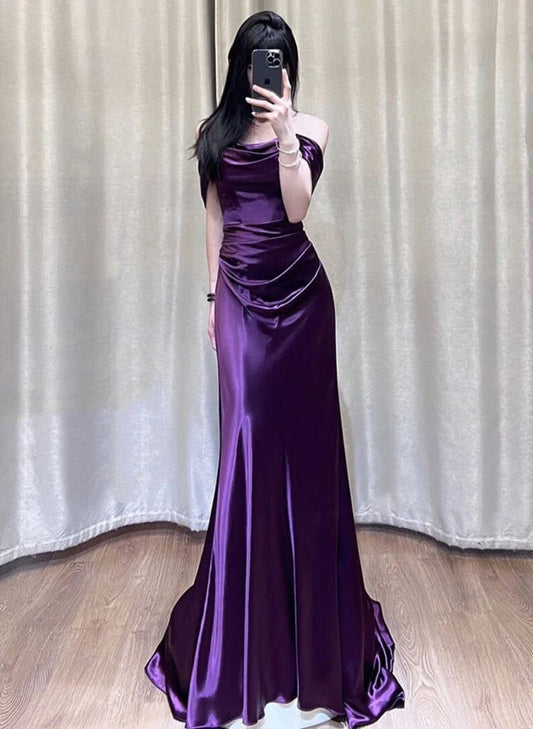 Purple Satin Off Shoulder Long Evening Dress, Purple Satin Prom Dress SD1344