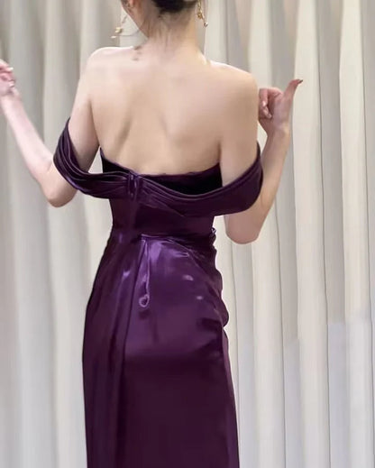 Purple Satin Off Shoulder Long Evening Dress, Purple Satin Prom Dress SD1344