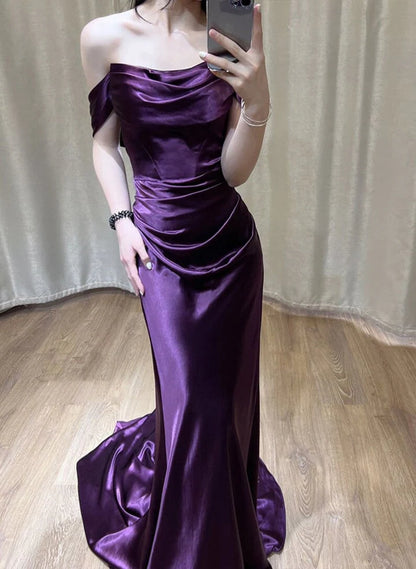 Purple Satin Off Shoulder Long Evening Dress, Purple Satin Prom Dress SD1344