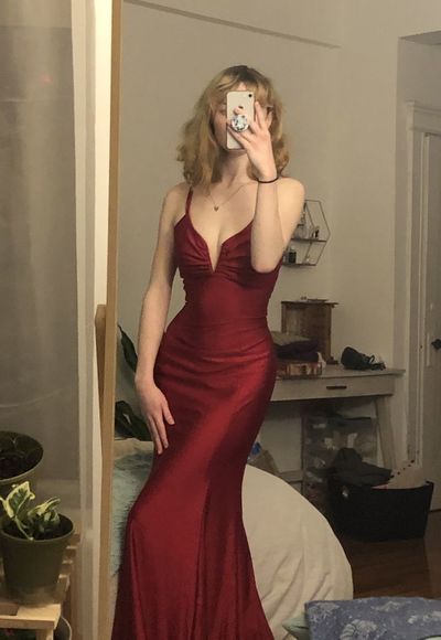 Burgundy mermaid long prom dress v-neck tight simple prom dress SD1348