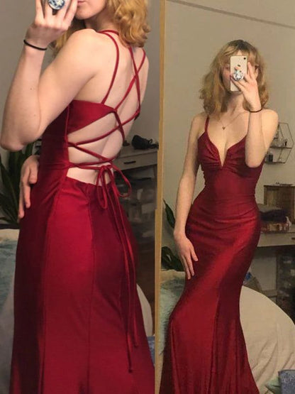 Burgundy mermaid long prom dress v-neck tight simple prom dress SD1348