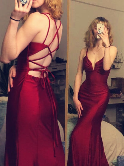 Pretty Spaghetti Straps Mermaid Burgundy Backless Satin Long Prom Dresses SD1348