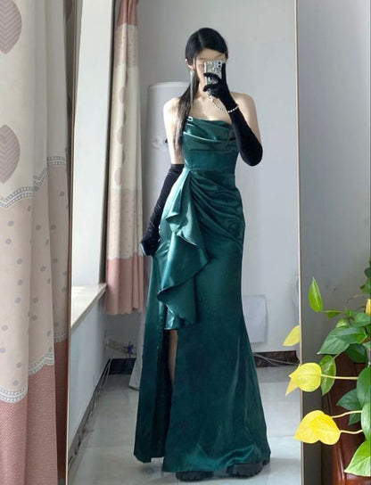 Pretty Sheath Strapless Floor Length Ruffles Slit Green Satin Prom Dresses SD1350