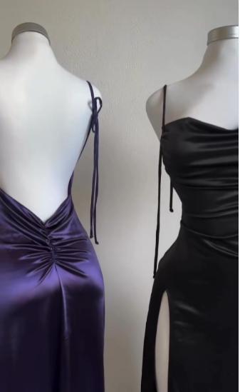 Pretty Sheath Spaghetti Straps Floor Length Ruffles Grape Slit Prom Dresses SD1351