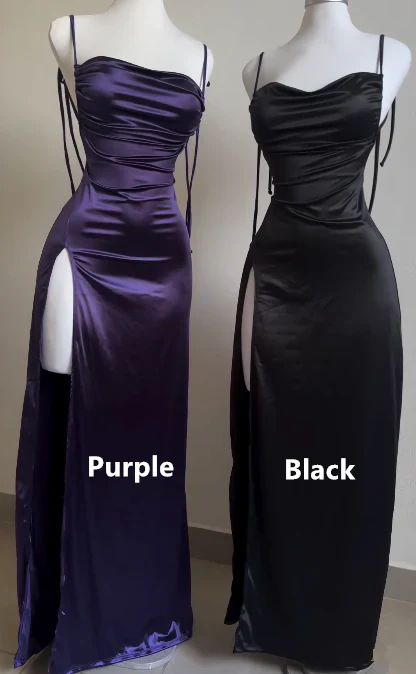 Pretty Sheath Spaghetti Straps Floor Length Ruffles Grape Slit Prom Dresses SD1351