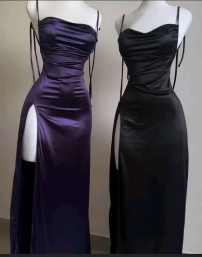 Pretty Sheath Spaghetti Straps Floor Length Ruffles Grape Slit Prom Dresses SD1351