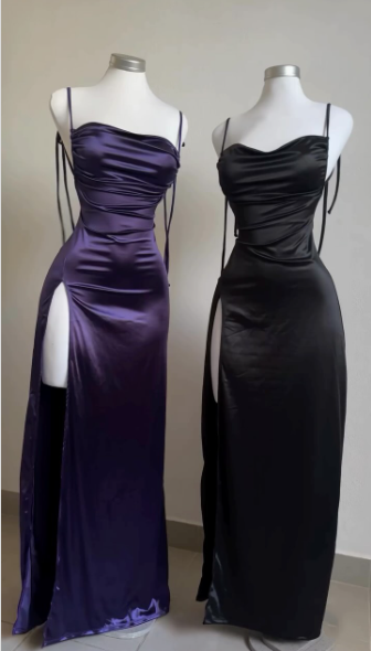 Pretty Sheath Spaghetti Straps Floor Length Ruffles Grape Slit Prom Dresses SD1351