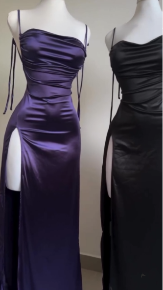 Pretty Sheath Spaghetti Straps Floor Length Ruffles Grape Slit Prom Dresses SD1351