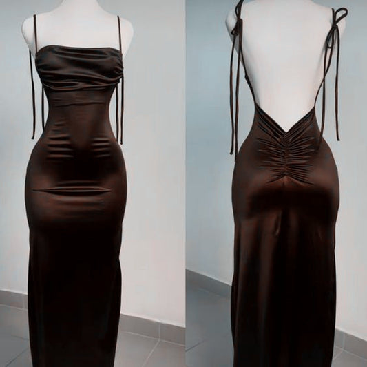 Pretty Sheath Spaghetti Straps Floor Length Ruffles Brown Slit Prom Dresses SD1352