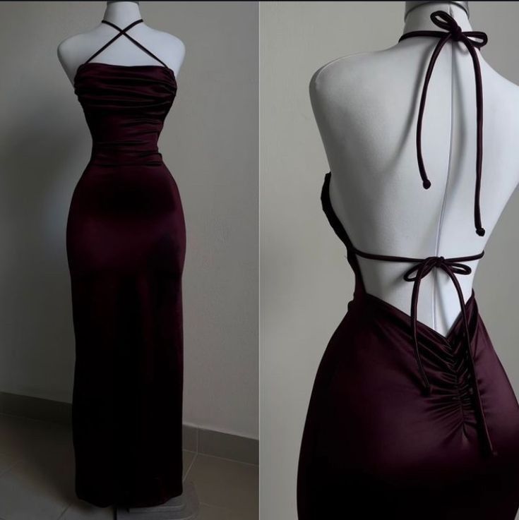 Pretty Sheath Spaghetti Straps Floor Length Ruffles Backless Burgundy Prom Dresses SD1354