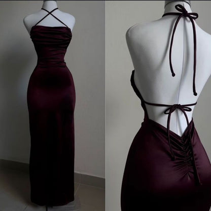 Pretty Sheath Spaghetti Straps Floor Length Ruffles Backless Burgundy Prom Dresses SD1354