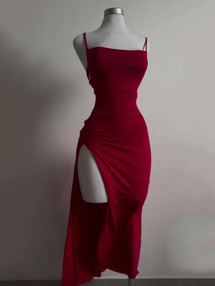 Pretty Sheath Spaghetti Straps Tea Length Backless Red Prom Dresses SD1355